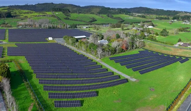 Solar farm in rolling green countryside