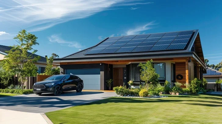 Modern home with rooftop solar and an electric car