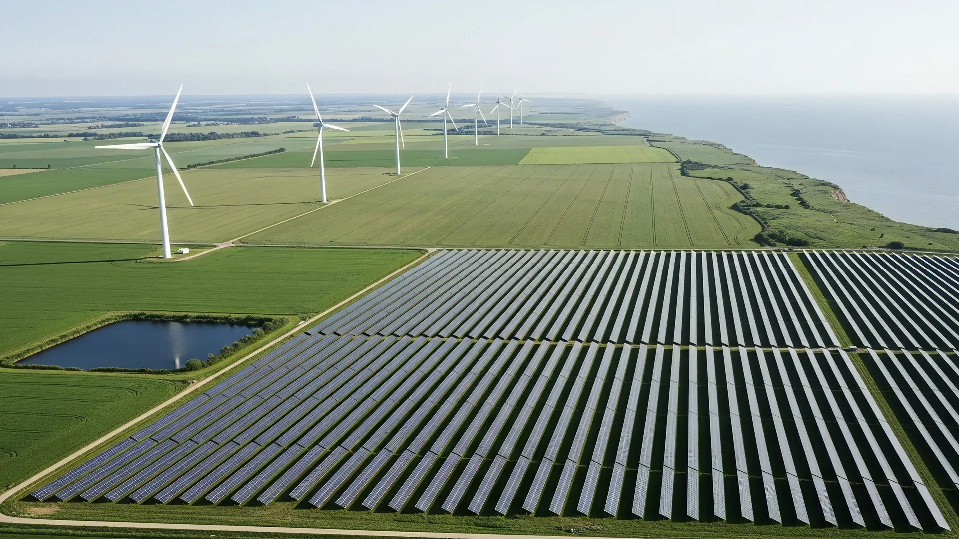 Solar farm and green fields by the coast in natural daylight